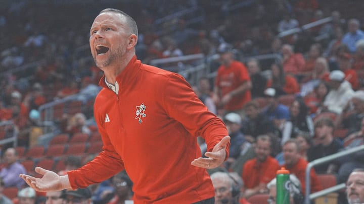 Louisville men's basketball coach Pat Kelsey yells at the officiating in the the second half as the Cards easily defeated Young Harris College in the Louisville Cards' first exhibition game at the KFC Yum! Center in downtown Louisville, Ky. Oct. 21, 2024.