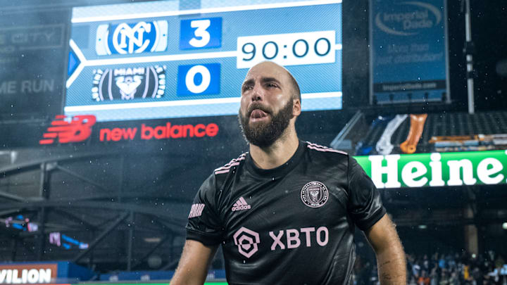 Former Inter Miami star Gonzalo Higuaín walks off the pitch after his last match for the Herons, a 2-3 loss to New York City FC in the first round of the 2022 MLS Cup playoffs.