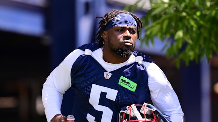 Jun 10, 2024; Foxborough, MA, USA; New England Patriots safety Jabrill Peppers (5) walks to the practice fields for minicamp at Gillette Stadium. Mandatory Credit: Eric Canha-Imagn Images