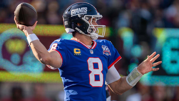 New York Giants quarterback Daniel Jones (8) looks to throw the ball during a game between the New York Giants and the Washington Commanders at MetLife Stadium in East Rutherford on Sunday, Nov. 3, 2024. New York Giants quarterback Daniel Jones (8) looks to throw the ball during a game between the New York Giants and the Washington Commanders at MetLife Stadium in East Rutherford on Sunday, Nov. 3, 2024.