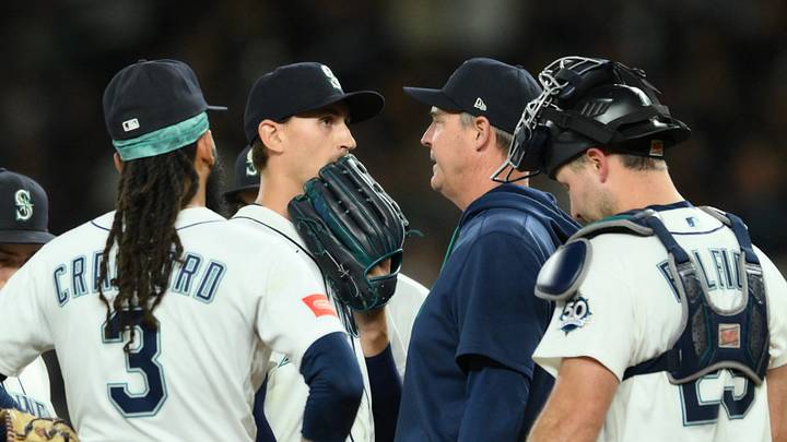 Aug 25, 2026; Seattle, Washington, USA; Seattle Mariners starting pitcher George Kirby (68) and manager Dan Wilson talk before Wilson pulled Kirby from the game during the eighth inning against the Philadelphia Phillies at T-Mobile Park. Mandatory Credit: Steven Bisig-Imagn Images