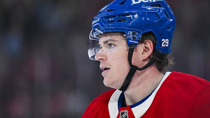 Apr 5, 2026; Montreal, Quebec, CAN; Montreal Canadiens right wing Cole Caufield (13) looks on against the New Jersey Devils during the third period at Bell Centre. Mandatory Credit: David Kirouac-Imagn Images
