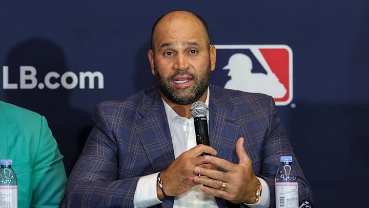 Dec 8, 2025; Orlando, FL, USA; Former Dominican Republic baseball player and manager Albert Pujols speaks with the media during the 2025 MLB Winter Meetings at Signia by Hilton Hotel. Mandatory Credit: Mike Watters-Imagn Images