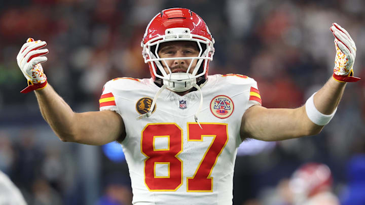 Nov 27, 2025; Arlington, Texas, USA; Kansas City Chiefs tight end Travis Kelce (87) warms up prior to the game against the Dallas Cowboys at AT&T Stadium. Mandatory Credit: Kevin Jairaj-Imagn Images