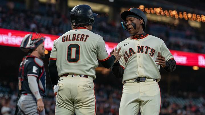 Sep 21, 2026; San Francisco, California, USA; San Francisco Giants center fielder Drew Gilbert (0) and San Francisco Giants right fielder Bo Davidson (94) after scoring against the Minnesota Twins during the first inning at Oracle Park. Mandatory Credit: Neville E. Guard-Imagn Images Sep 21, 2026; San Francisco, California, USA; San Francisco Giants center fielder Drew Gilbert (0) and San Francisco Giants right fielder Bo Davidson (94) after scoring against the Minnesota Twins during the first inning at Oracle Park. Mandatory Credit: Neville E. Guard-Imagn Images