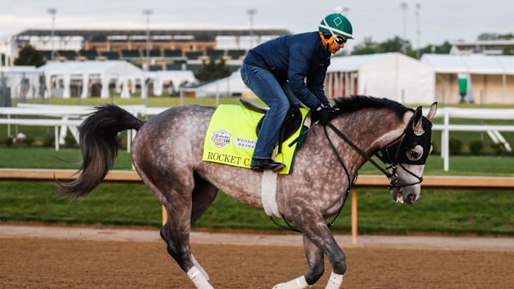 Kentucky Derby horse Rocket Can on the track on Sunday. April 23 2023 at Churchill Downs. Rocket Can, trained by Bill Mott, placed fourth in the Arkansas Derby in the 1-1/8 mile race, second in the Fountain of Youth Stakes at Gulfstream Park and first at the Holy Bull Stakes