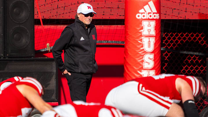 Nov 23, 2024; Lincoln, Nebraska, USA; Nebraska Cornhuskers assistant coach Dana Holgorsen during warmups before a game against the Wisconsin Badgers at Memorial Stadium. 
