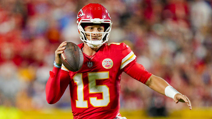 Oct 12, 2025; Kansas City, Missouri, USA; Kansas City Chiefs quarterback Patrick Mahomes (15) rolls out to pass during the first half against the Detroit Lions at GEHA Field at Arrowhead Stadium. Mandatory Credit: Jay Biggerstaff-Imagn Images Oct 12, 2025; Kansas City, Missouri, USA; Kansas City Chiefs quarterback Patrick Mahomes (15) rolls out to pass during the first half against the Detroit Lions at GEHA Field at Arrowhead Stadium. Mandatory Credit: Jay Biggerstaff-Imagn Images