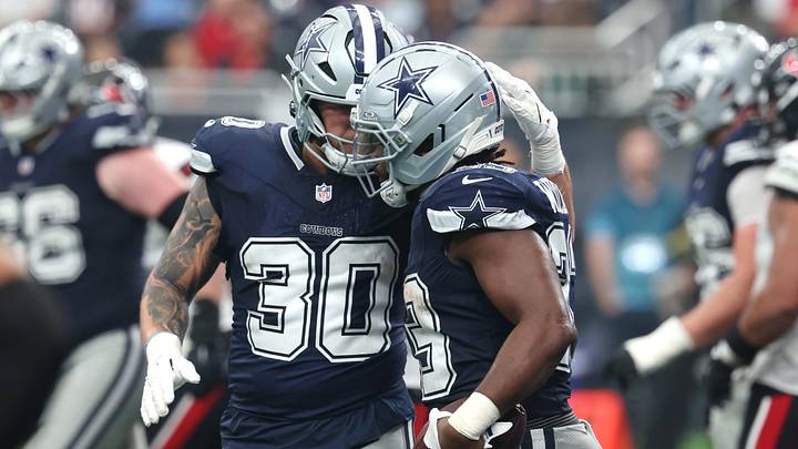 Dallas Cowboys running back Javonte Williams (33) celebrates a touchdown with fullback Hunter Luepke (30) against the Houston Texans during the second half at Reliant Stadium. Mandatory Credit: Thomas Shea-Imagn Images Dallas Cowboys running back Javonte Williams (33) celebrates a touchdown with fullback Hunter Luepke (30) against the Houston Texans during the second half at Reliant Stadium. Mandatory Credit: Thomas Shea-Imagn Images