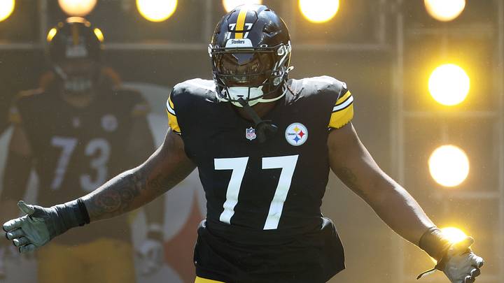 Pittsburgh Steelers offensive tackle Broderick Jones (77) reacts as he takes the field against the Seattle Seahawks at Acrisure Stadium. Mandatory Credit: Charles LeClaire-Imagn Images Pittsburgh Steelers offensive tackle Broderick Jones (77) reacts as he takes the field against the Seattle Seahawks at Acrisure Stadium. Mandatory Credit: Charles LeClaire-Imagn Images