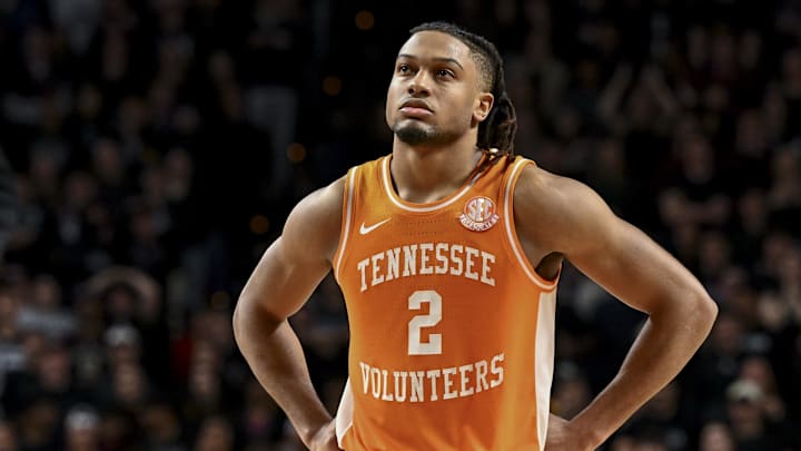 Feb 22, 2025; College Station, Texas, USA; Tennessee Volunteers guard Chaz Lanier (2) looks on during the second half against the Texas A&M Aggies at Reed Arena. Mandatory Credit: Maria Lysaker-Imagn Images 