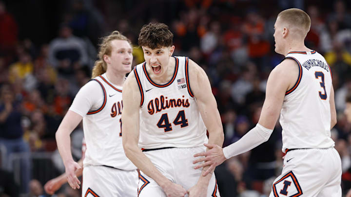 Mar 13, 2026; Chicago, IL, USA; Illinois Fighting Illini center Zvonimir Ivisic (44) celebrates after scoring against the Wisconsin Badgers during the first half at United Center. Mandatory Credit: Kamil Krzaczynski-Imagn Images Mar 13, 2026; Chicago, IL, USA; Illinois Fighting Illini center Zvonimir Ivisic (44) celebrates after scoring against the Wisconsin Badgers during the first half at United Center. Mandatory Credit: Kamil Krzaczynski-Imagn Images