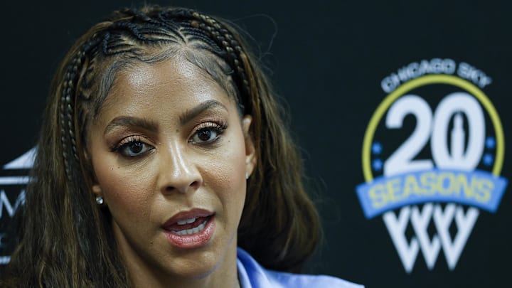 Aug 25, 2025; Chicago, Illinois, USA; Chicago Sky franchise legend and WNBA Champion Candace Parker speaks during a press conference before a WNBA game between the Chicago Sky and Las Vegas Aces at Wintrust Arena. Mandatory Credit: Kamil Krzaczynski-Imagn Images