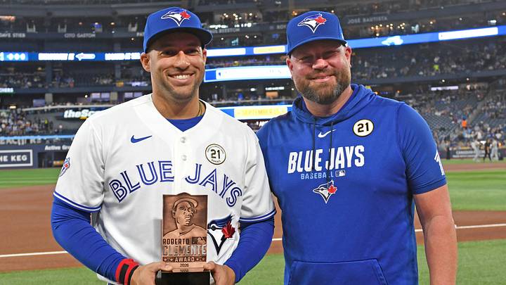 Blue Jays designated hitter George Springer (4) receives the team Roberto Clemente Award from John Schneider. Credit: Dan Hamilton-Imagn Images Blue Jays designated hitter George Springer (4) receives the team Roberto Clemente Award from John Schneider. Credit: Dan Hamilton-Imagn Images