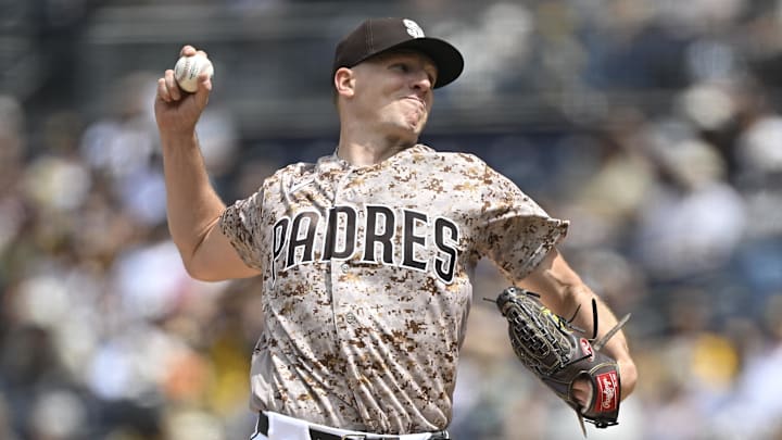 Apr 12, 2026; San Diego, California, USA; San Diego Padres starting pitcher Nick Pivetta (27) delivers during the first inning against the Colorado Rockies at Petco Park. Mandatory Credit: Denis Poroy-Imagn Images