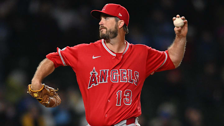 Mar 31, 2026; Chicago, Illinois, USA; Los Angeles Angels pitcher Drew Pomeranz (13) pitches against the Chicago Cubs during the ninth inning at Wrigley Field. Mandatory Credit: Patrick Gorski-Imagn Images