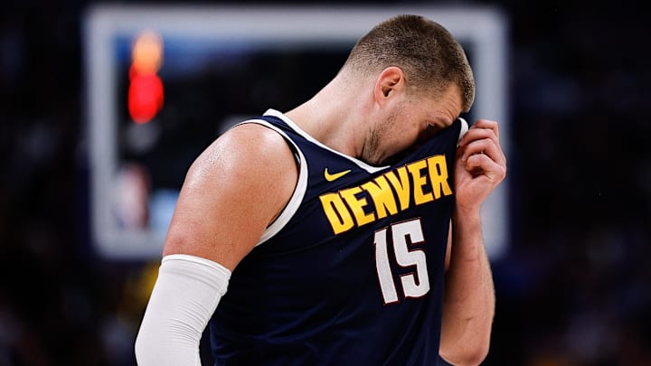 Apr 21, 2025; Denver, Colorado, USA; Denver Nuggets center Nikola Jokic (15) in the third quarter against the Los Angeles Clippers during game two of first round for the 2025 NBA Playoffs at Ball Arena. Mandatory Credit: Isaiah J. Downing-Imagn Images Apr 21, 2025; Denver, Colorado, USA; Denver Nuggets center Nikola Jokic (15) in the third quarter against the Los Angeles Clippers during game two of first round for the 2025 NBA Playoffs at Ball Arena. Mandatory Credit: Isaiah J. Downing-Imagn Images