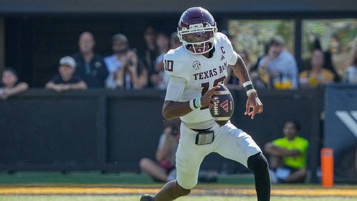 Oct 10, 2026; Columbia, Missouri, USA; Texas A&M Aggies quarterback Marcel Reed (10) scrambles in the backfield against the Missouri Tigers during the second half of the game at Faurot Field at Memorial Stadium. Mandatory Credit: Denny Medley-Imagn Images Oct 10, 2026; Columbia, Missouri, USA; Texas A&M Aggies quarterback Marcel Reed (10) scrambles in the backfield against the Missouri Tigers during the second half of the game at Faurot Field at Memorial Stadium. Mandatory Credit: Denny Medley-Imagn Images