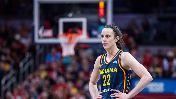 Jun 14, 2025; Indianapolis, Indiana, USA; Indiana Fever guard Caitlin Clark (22) in the second half against the New York Liberty at Gainbridge Fieldhouse. Mandatory Credit: Trevor Ruszkowski-Imagn Images