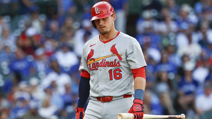 Sep 26, 2025; Chicago, Illinois, USA; St. Louis Cardinals second baseman Nolan Gorman (16) reacts after striking out against the Chicago Cubs during the ninth inning at Wrigley Field. Mandatory Credit: Kamil Krzaczynski-Imagn Images Sep 26, 2025; Chicago, Illinois, USA; St. Louis Cardinals second baseman Nolan Gorman (16) reacts after striking out against the Chicago Cubs during the ninth inning at Wrigley Field. Mandatory Credit: Kamil Krzaczynski-Imagn Images