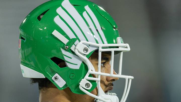 Dec 5, 2025; New Orleans, LA, USA; Detailed view of the North Texas Mean Green helmet during warmups in the 2025 American Championship before the game between the Tulane Green Wave and the North Texas Mean Green at Yulman Stadium. Mandatory Credit: Stephen Lew-Imagn Images Dec 5, 2025; New Orleans, LA, USA; Detailed view of the North Texas Mean Green helmet during warmups in the 2025 American Championship before the game between the Tulane Green Wave and the North Texas Mean Green at Yulman Stadium. Mandatory Credit: Stephen Lew-Imagn Images