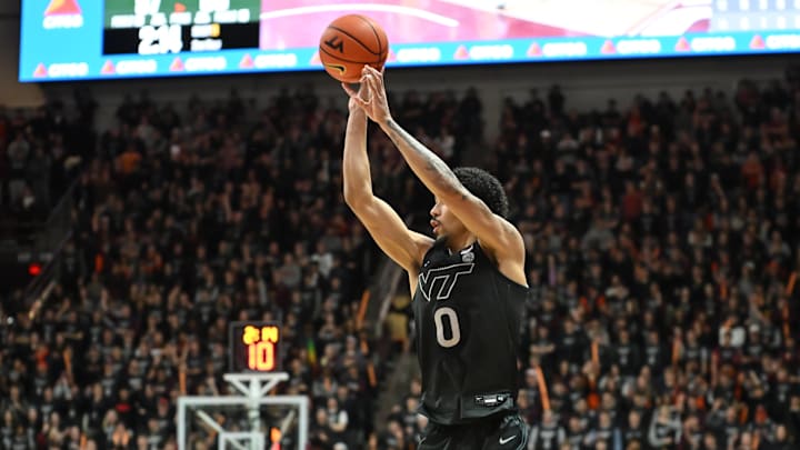 Jan 27, 2026; Blacksburg, Va.; Virginia Tech guard Jailen Bedford (0) shoots a shot during the second half.
