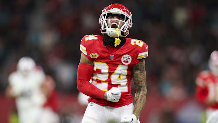Nov 5, 2023; Frankfurt, Germany, ;  Kansas City Chiefs wide receiver Skyy Moore (24) reacts after catching a pass against the Miami Dolphins in the second quarter during an NFL International Series game at Deutsche Bank Park. Mandatory Credit: Nathan Ray Seebeck-Imagn Images