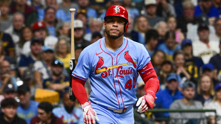 Sep 13, 2025; Milwaukee, Wisconsin, USA;  St. Louis Cardinals first baseman Willson Contreras (40) draws a walk against the Milwaukee Brewers in the third inning at American Family Field. Mandatory Credit: Benny Sieu-Imagn Images