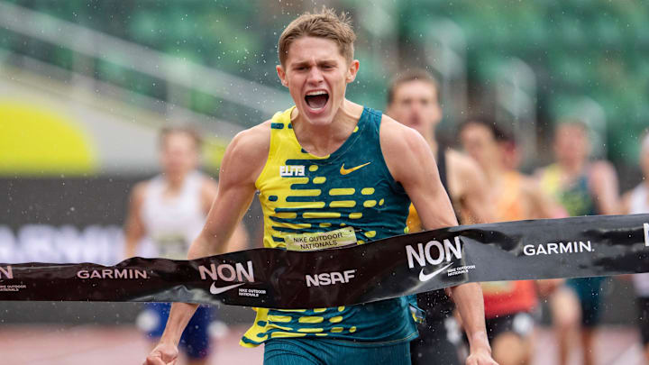 Nike Elite’s Cooper Lutkenhaus wins the boys 800 meters on the third day of the Nike Outdoor Nationals on June 21, 2025, at Hayward Field in Eugene. Back in Eugene on Aug. 3, he set a U18 world record. / Ben Lonergan/The Register-Guard / USA TODAY NETWORK via Imagn Images