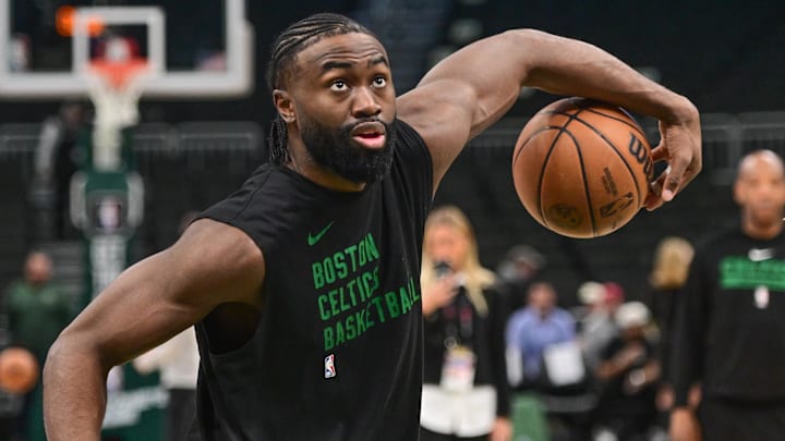 Apr 9, 2024; Milwaukee, Wisconsin, USA; Boston Celtics forward Jaylen Brown (7) warms up before a