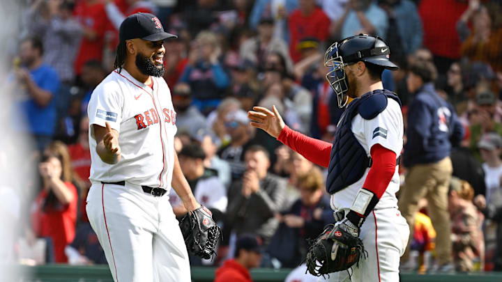 Sep 22, 2024; Boston, Massachusetts, USA;  Boston Red Sox pitcher Kenley Jansen (74) and catcher Danny Jansen (28) celebrate a win against the Minnesota Twins at Fenway Park. Mandatory Credit: Eric Canha-Imagn Images