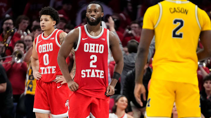 Ohio State Buckeyes guard John Mobley Jr. (0) and guard Bruce Thornton (2) react in the final seconds of the second half of the NCAA men's basketball game against the Michigan Wolverines at the Schottenstein Center in Columbus on Feb. 8, 2026. Ohio State lost 82-61.