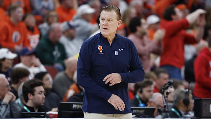 Mar 13, 2026; Chicago, IL, USA; Illinois Fighting Illini head coach Brad Underwood reacts during the first half at United Center. Mandatory Credit: Kamil Krzaczynski-Imagn Images