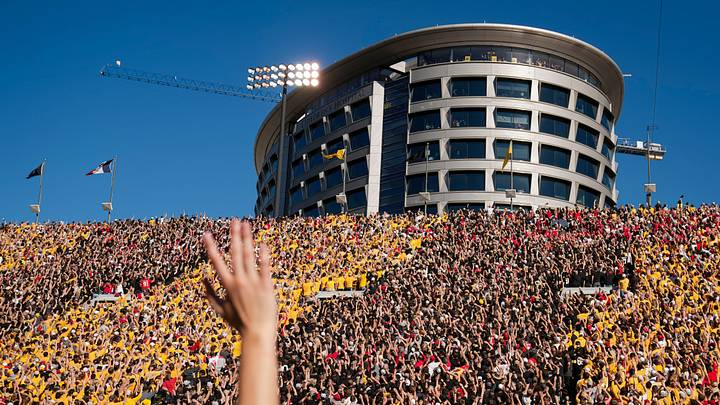 Fans wave to kids in the Iowa Children's Hospital during the NCAA football game between the Iowa Hawkeyes and the Ohio State Buckeyes at Kinnick Stadium in Iowa City on Oct. 3, 2026. Fans wave to kids in the Iowa Children's Hospital during the NCAA football game between the Iowa Hawkeyes and the Ohio State Buckeyes at Kinnick Stadium in Iowa City on Oct. 3, 2026.