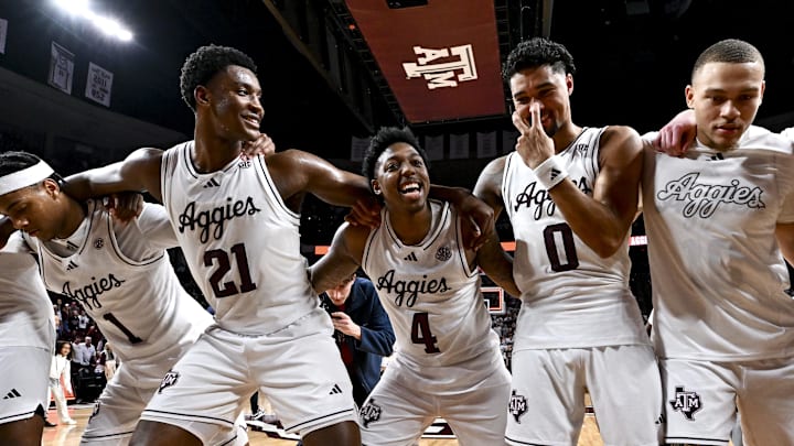 Jan 4, 2025; College Station, Texas, USA; Texas A&M Aggies celebrate after defeating the Texas Longhorns 80-60 at Reed Arena. Mandatory Credit: Maria Lysaker-Imagn Images Jan 4, 2025; College Station, Texas, USA; Texas A&M Aggies celebrate after defeating the Texas Longhorns 80-60 at Reed Arena. Mandatory Credit: Maria Lysaker-Imagn Images