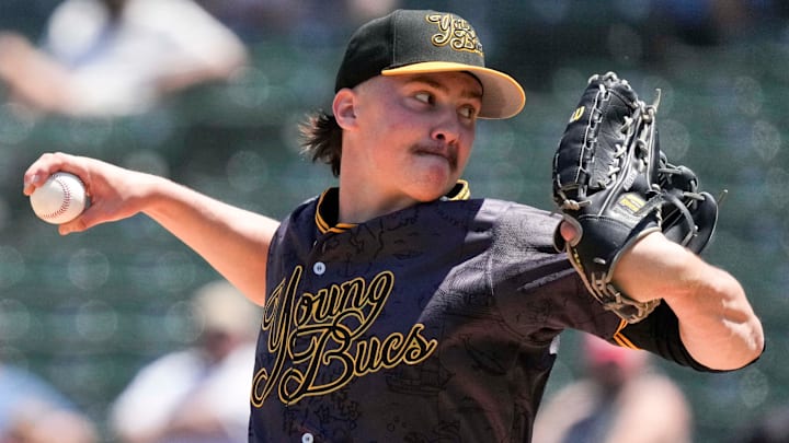 Indianapolis Indians starting pitcher Bubba Chandler (53) throws to Louisville Bats outfielder Blake Dunn (32) during the third inning of a game Sunday, May 18, 2025, at Victory Field in Indianapolis.