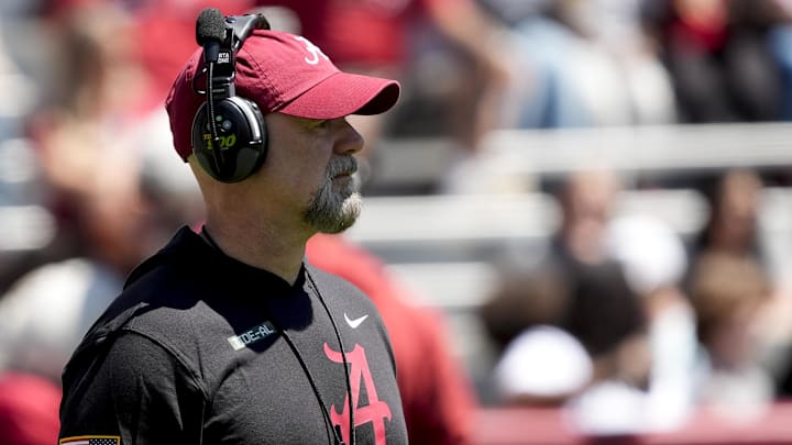 Alabama offensive coordinator Ryan Grubb watches his offense work during A-Day