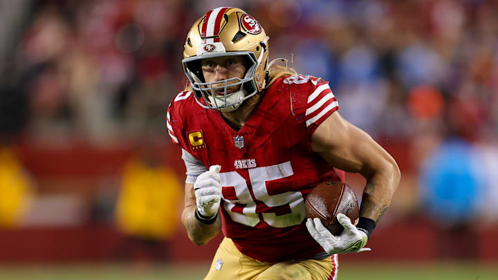 Dec 30, 2024; Santa Clara, California, USA; San Francisco 49ers tight end George Kittle (85) during the game against the Detroit Lions at Levi's Stadium. Mandatory Credit: Sergio Estrada-Imagn Images
