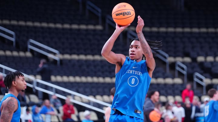 Mar 20, 2024; Pittsburgh, PA, USA; Kentucky Wildcats guard Rob Dillingham (0) shoots the ball during the NCAA first round practice session at PPG Paints Arena. Mandatory Credit: Gregory Fisher-USA TODAY Sports