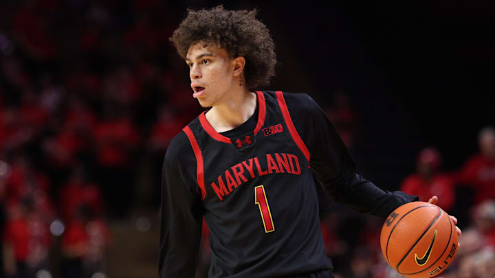 Feb 15, 2026; Piscataway, New Jersey, USA; Maryland Terrapins guard Darius Adams (1) dribbles up court against the Rutgers Scarlet Knights during the first half at Jersey Mike's Arena. Mandatory Credit: Vincent Carchietta-Imagn Images