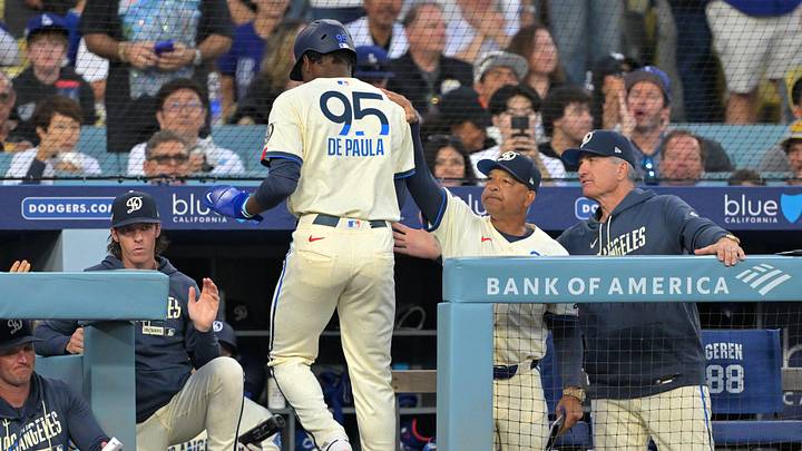 Sep 19, 2026; Los Angeles, California, USA; Los Angeles Dodgers outfielder Josue De Paula (95) celebrates after scoring against the San Francisco Giants in the during the second inning at Dodger Stadium. Mandatory Credit: Jayne Kamin-Oncea-Imagn Images Sep 19, 2026; Los Angeles, California, USA; Los Angeles Dodgers outfielder Josue De Paula (95) celebrates after scoring against the San Francisco Giants in the during the second inning at Dodger Stadium. Mandatory Credit: Jayne Kamin-Oncea-Imagn Images