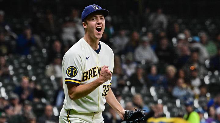 May 13, 2026; Milwaukee, Wisconsin, USA; Milwaukee Brewers starting pitcher Jacob Misiorowski (32) reacts after retiring the side in the seventh inning against the San Diego Padres at American Family Field. Mandatory Credit: Benny Sieu-Imagn Images