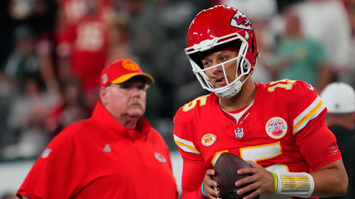 Oct 1, 2023; East Rutherford, New Jersey, USA; Kansas City Chiefs quarterback Patrick Mahomes (15) and Kansas City Chiefs head coach Andy Reid pre game against the Jets at MetLife Stadium. Mandatory Credit: Robert Deutsch-Imagn Images Oct 1, 2023; East Rutherford, New Jersey, USA; Kansas City Chiefs quarterback Patrick Mahomes (15) and Kansas City Chiefs head coach Andy Reid pre game against the Jets at MetLife Stadium. Mandatory Credit: Robert Deutsch-Imagn Images