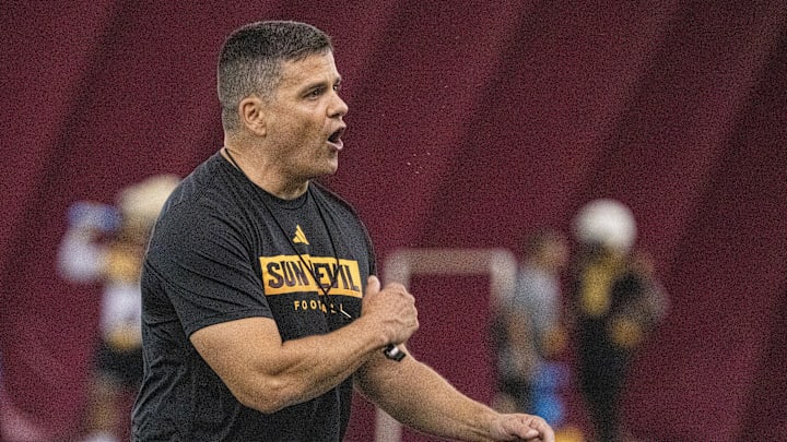 Defensive coordinator Brian Ward instructs his players during ASU fall camp practice on Aug. 2, 2024, at Verde Dickey Dome in Tempe. Defensive coordinator Brian Ward instructs his players during ASU fall camp practice on Aug. 2, 2024, at Verde Dickey Dome in Tempe.