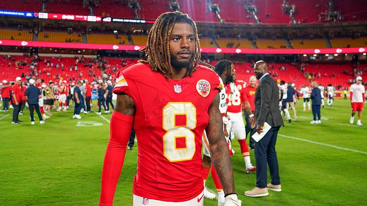 Aug 22, 2025; Kansas City, Missouri, USA; Kansas City Chiefs cornerback Kristian Fulton (8) leaves the field after the game against the Chicago Bears at GEHA Field at Arrowhead Stadium. Mandatory Credit: Denny Medley-Imagn Images