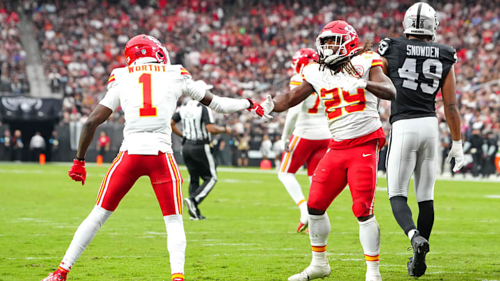 Oct 27, 2024; Paradise, Nevada, USA; Kansas City Chiefs running back Kareem Hunt (29) celebrates with wide receiver Xavier Worthy (1) after scoring a touchdown against the Las Vegas Raiders during the first quarter at Allegiant Stadium. Mandatory Credit: Stephen R. Sylvanie-Imagn Images Oct 27, 2024; Paradise, Nevada, USA; Kansas City Chiefs running back Kareem Hunt (29) celebrates with wide receiver Xavier Worthy (1) after scoring a touchdown against the Las Vegas Raiders during the first quarter at Allegiant Stadium. Mandatory Credit: Stephen R. Sylvanie-Imagn Images