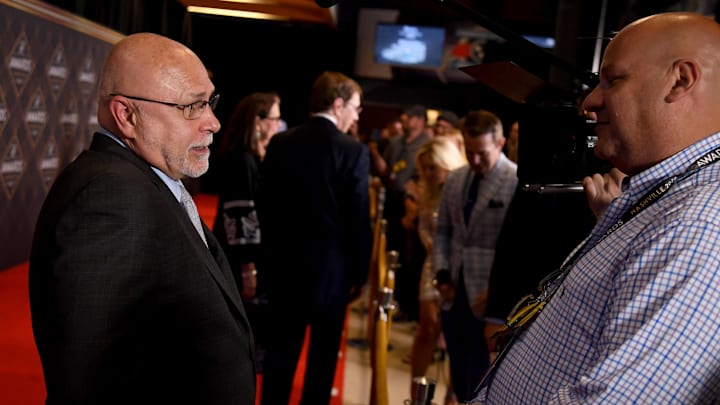Jun 26, 2023; Nashville, Tennessee, USA; Incoming Nashville Predators general manager Barry Trotz talks with members of the media on the red carpet before the 2023 NHL Awards at Bridgestone Arena. Mandatory Credit: Christopher Hanewinckel-Imagn Images