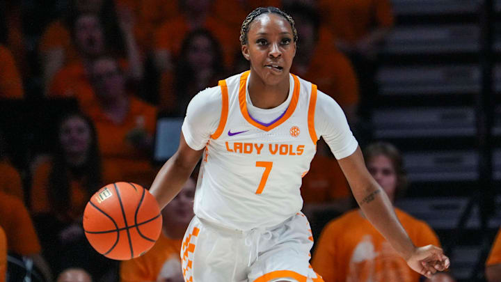 Tennessee guard Samara Spencer (7) bites her lip as she dribbles the ball during a women's college basketball game between the Lady Vols and Mississippi State at Thompson-Boling Arena at Food City Center on Thursday, Jan. 16, 2025.
