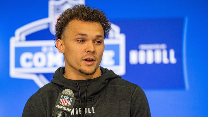 Mar 1, 2024; Indianapolis, IN, USA; Michigan wide receiver Roman Wilson (WO39) talks to the media during the 2024 NFL Combine at Lucas Oil Stadium. Mandatory Credit: Trevor Ruszkowski-USA TODAY Sports