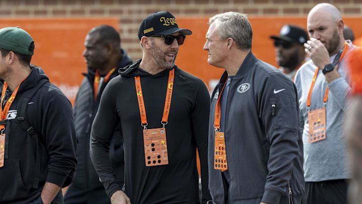 Jan 28, 2025; Mobile, AL, USA; Washington Commanders general manger Adam Peters reunites with former boss John Lynch during Senior Bowl practice for the American team at Hancock Whitney Stadium. Lynch is the general manager of the San Francisco 49ers. Mandatory Credit: Vasha Hunt-Imagn Images Jan 28, 2025; Mobile, AL, USA; Washington Commanders general manger Adam Peters reunites with former boss John Lynch during Senior Bowl practice for the American team at Hancock Whitney Stadium. Lynch is the general manager of the San Francisco 49ers. Mandatory Credit: Vasha Hunt-Imagn Images